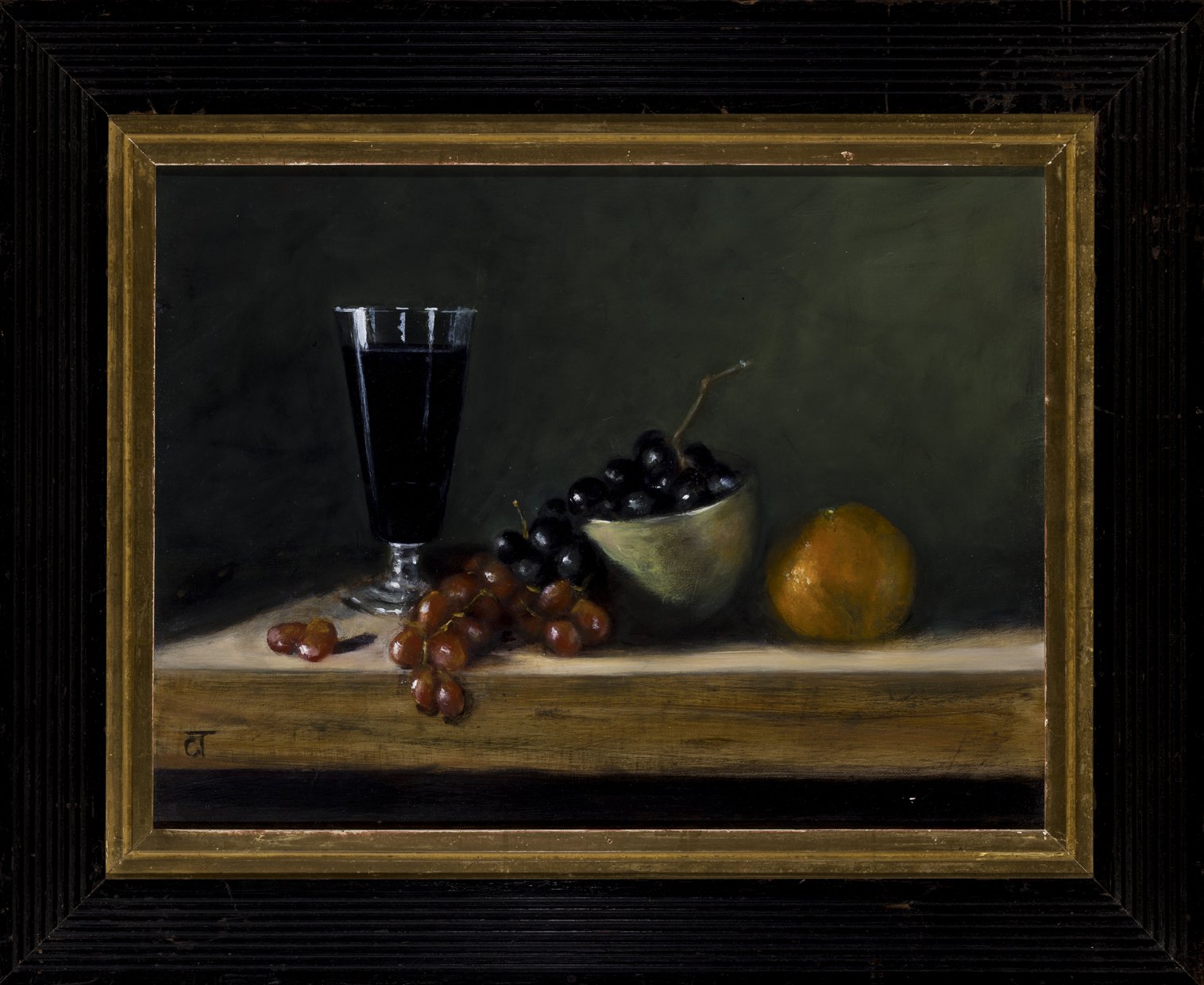 Still life with tumbling grapes and dark wine