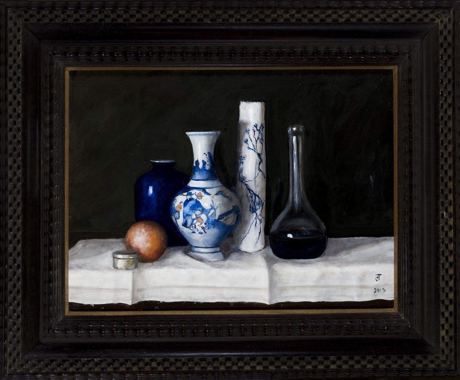 61. Still life with blue and white vases and red ball, 30 cms x 40 cms, oil on aluminium panel.jpg