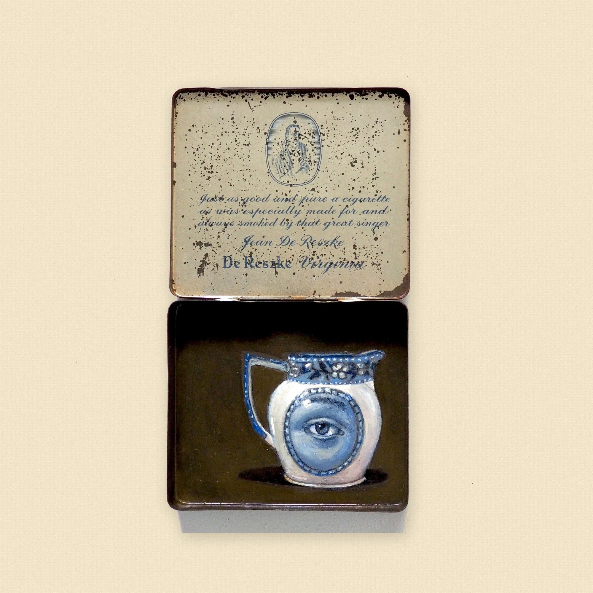 Blue and White Jug . Oil in Vintage Tin