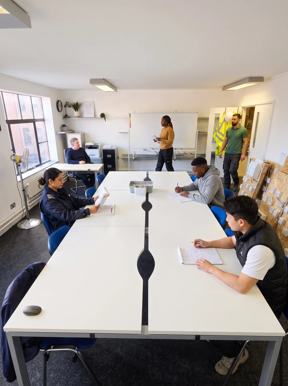 Learners at a training room table