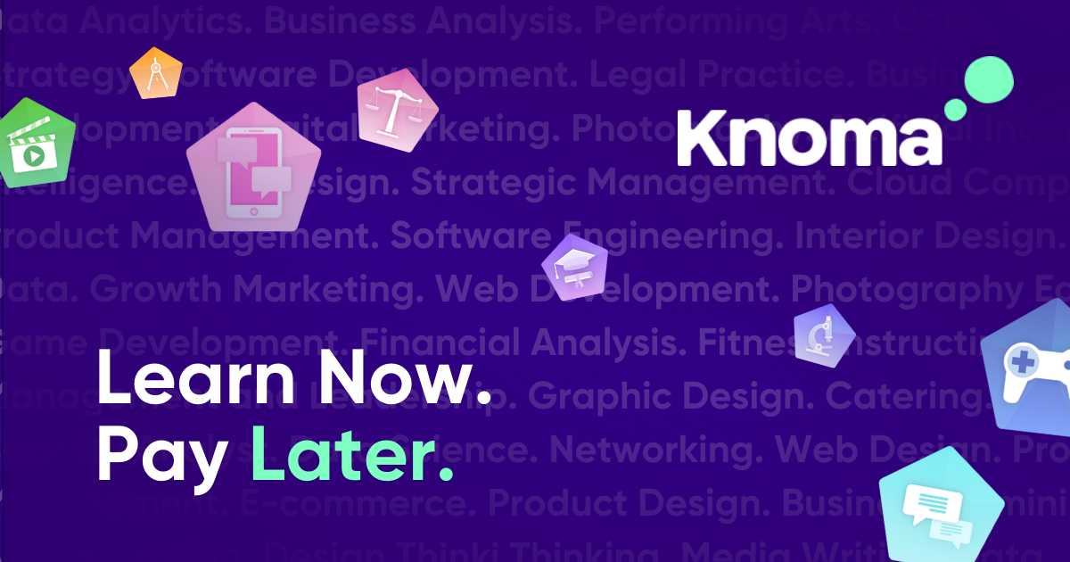 Brand promotional image for Knoma with the text "Learn Now. Pay Later." and colorful icons representing education, gaming, music, and communication against a dark purple background.