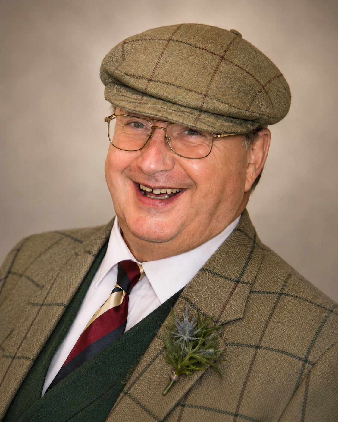 A man wearing a flat cap, glasses, and a brown plaid jacket, smiling.