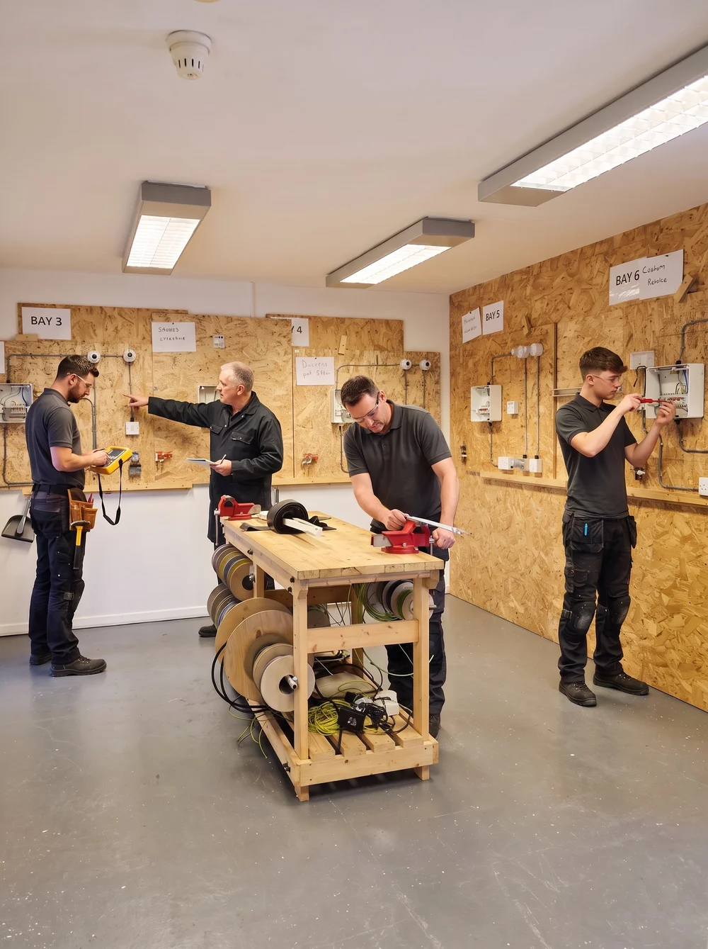Learners working in an electrical workshop