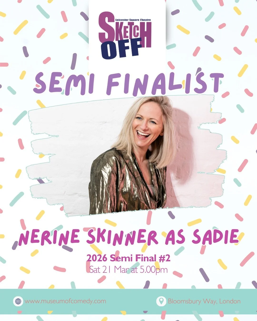 She&rsquo;s only made it through to the Semi-Finals of Sketch Off @museum_of_comedy alongside this fantastic bunch of acts! I would love to see as many people there as possible to vote for me if you&rsquo;re about?! 

📍Museum of Comedy, 21st March 
