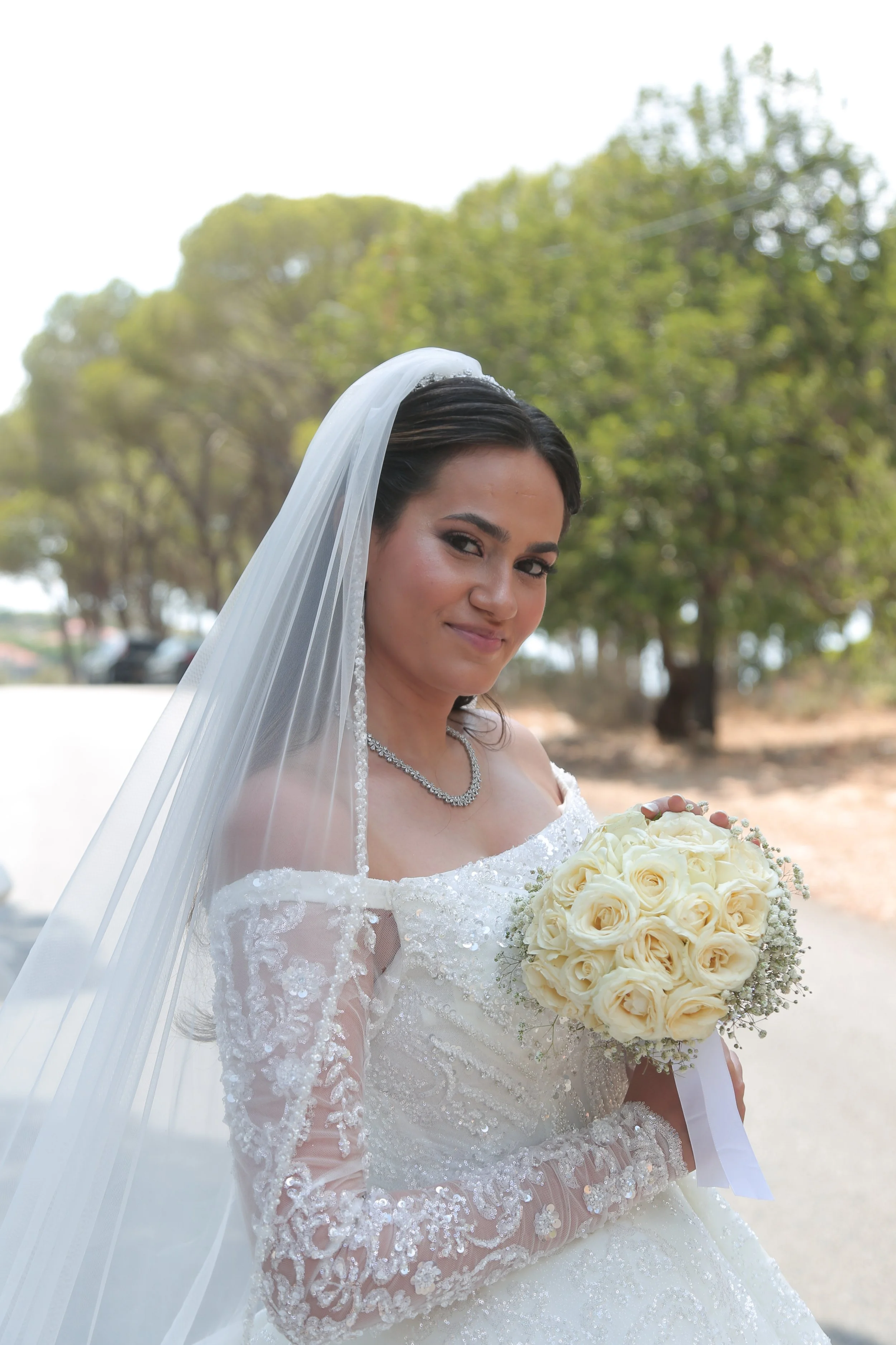 Bride holding embellished wedding dress, wearing veil and jewelry.