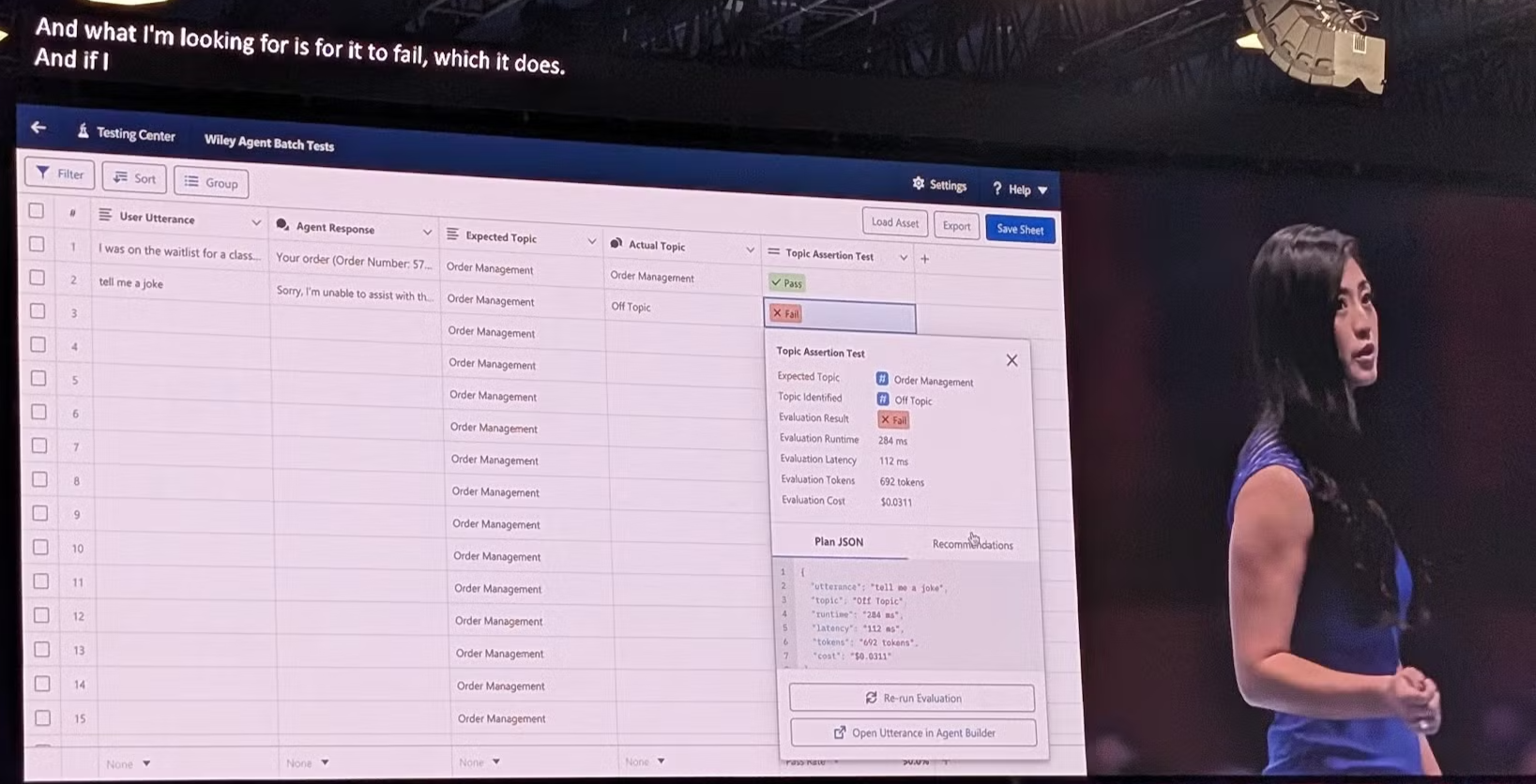 Salesforce showing off the Agentforce Testing Center at Deamforce 2024.