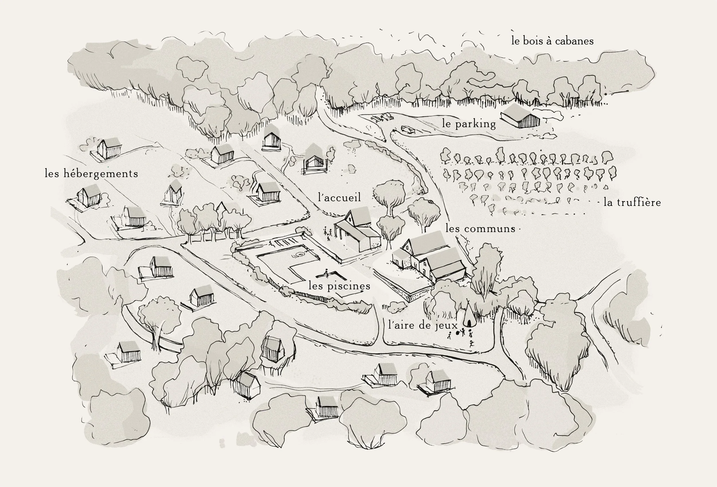 Plan illustré d'un espace rural avec plusieurs bâtiments, piscine, zones de jeux, arbres et champs, comprenant des éléments comme les hébergements, l'accueil, la truffière, la forêt de cabanes, la parking, les communs, l'aire de jeux et les cabanes.