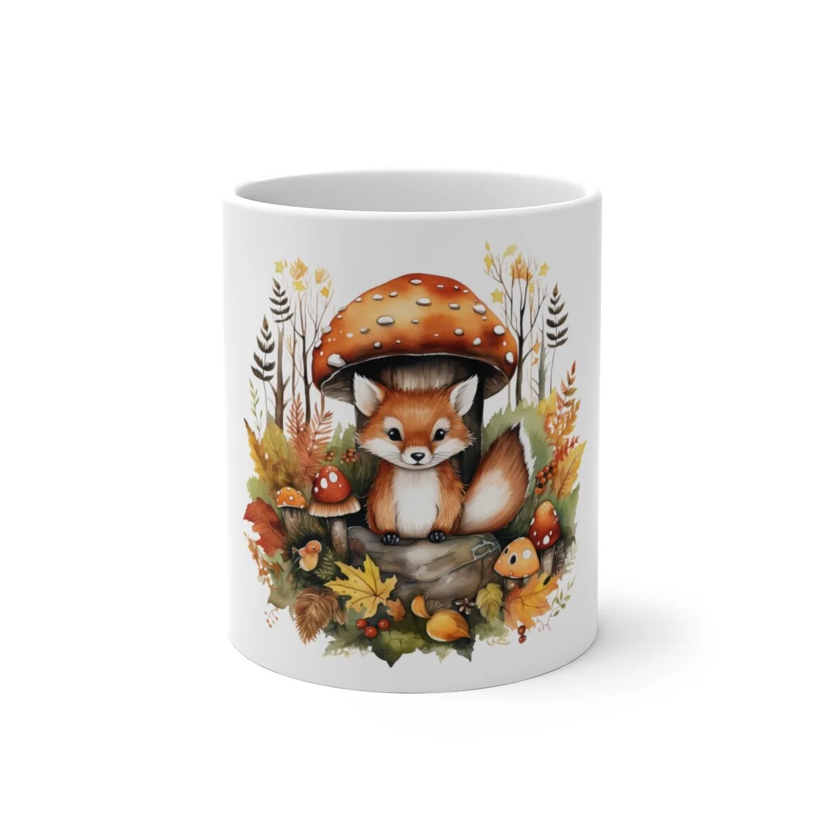 A watercolor fox in the forest during the fall