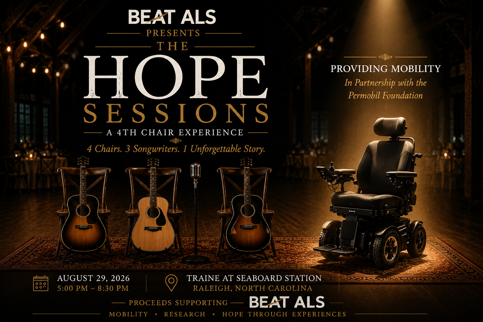 Event poster for 'The Hope Sessions' presented by Beat ALS, featuring three acoustic guitars on chairs and a motorized wheelchair, with event details including date, time, location, and cause.