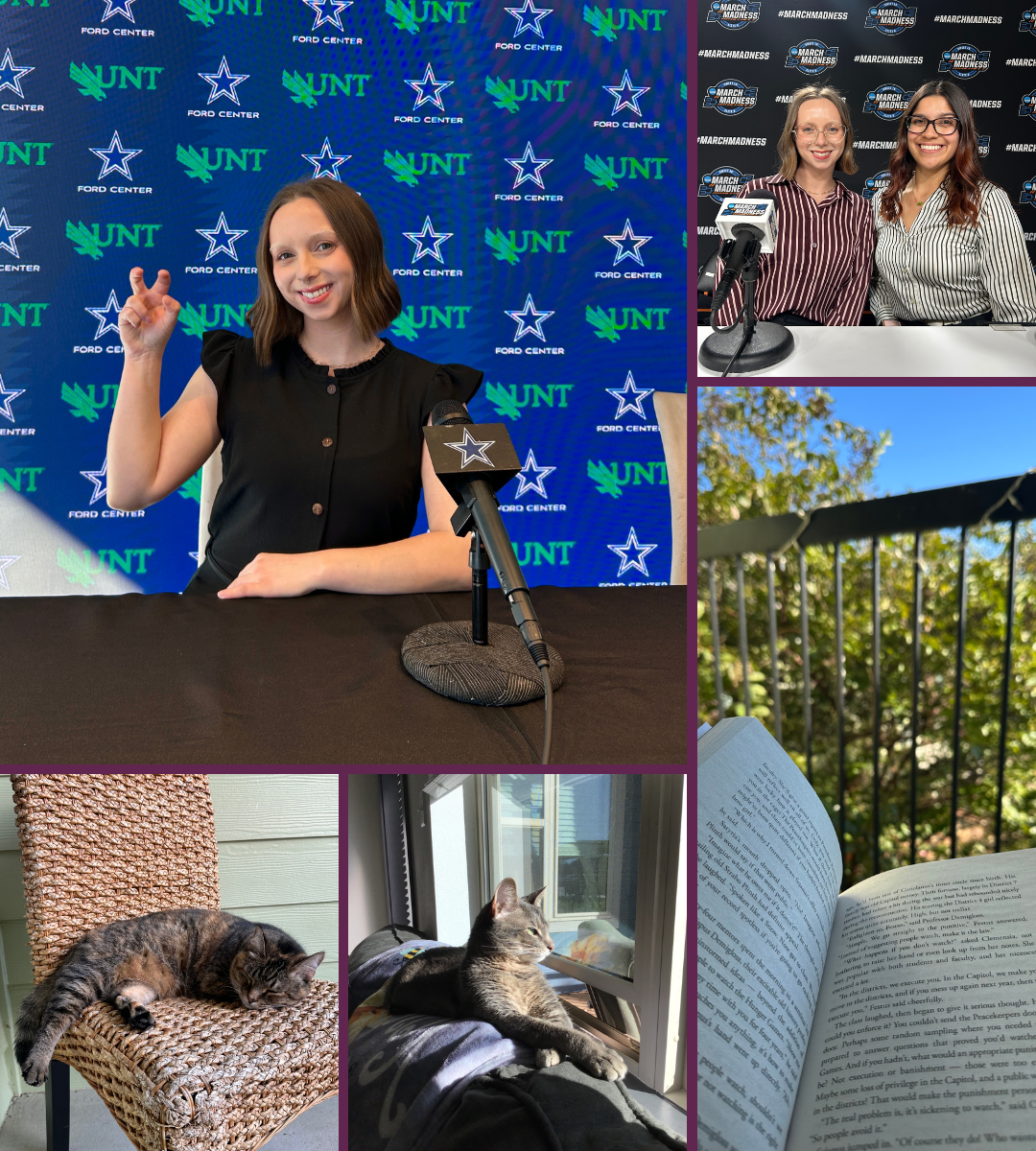 Girl smiling UNT background, two cats, two girls smiling, book pages