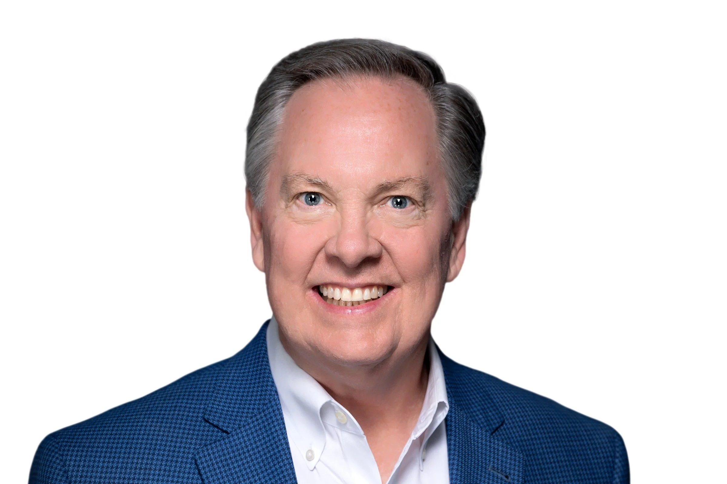 Rusty Reid, CEO of Higginbotham, smiling confidently in a blue suit against a white, professional backdrop.