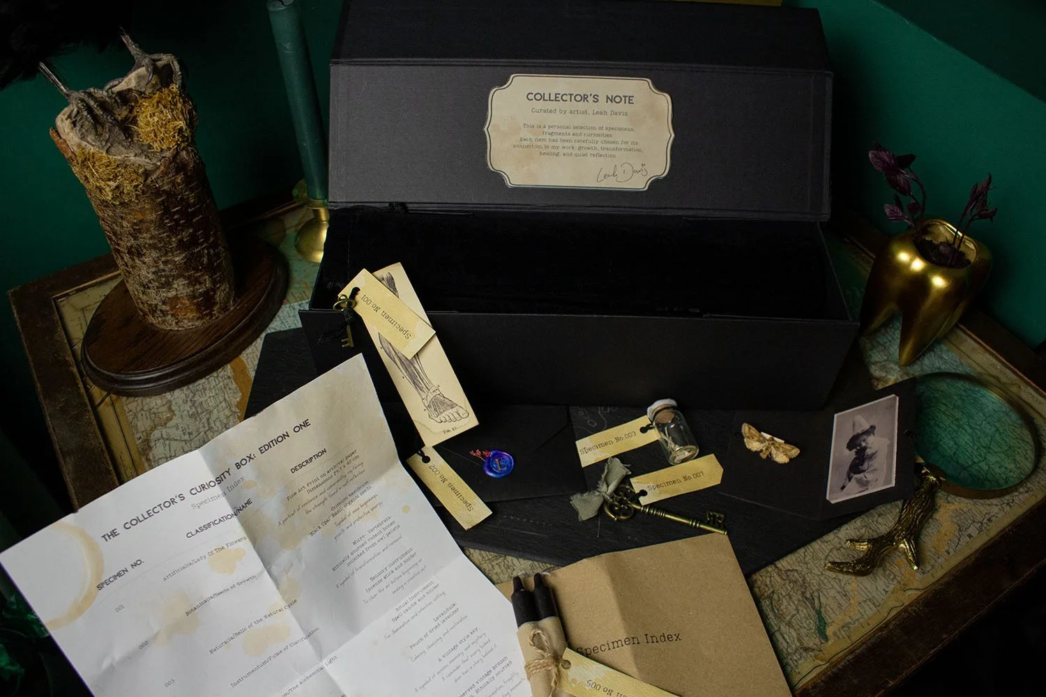 A tabletop with a collection display box, papers, tags, a vial, a photograph, a gold shoe-shaped planter with a plant, and a vintage map underneath.