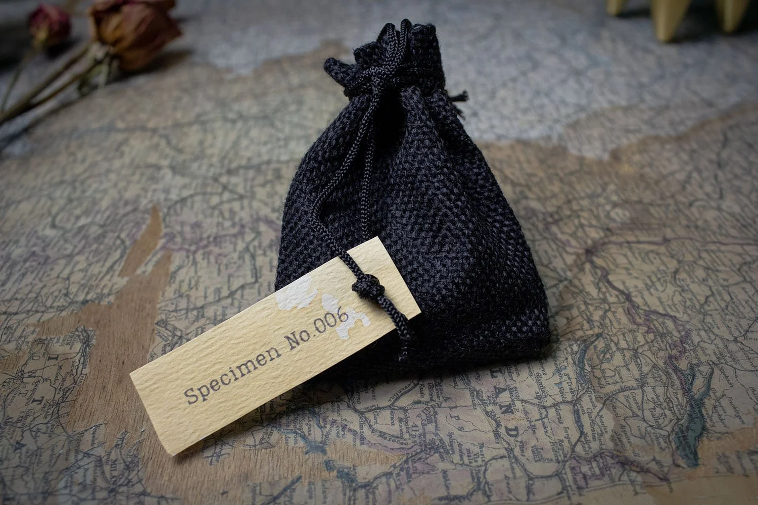 A small black cloth bag with a tag reading 'Specimen No. 006' resting on a vintage map surface.