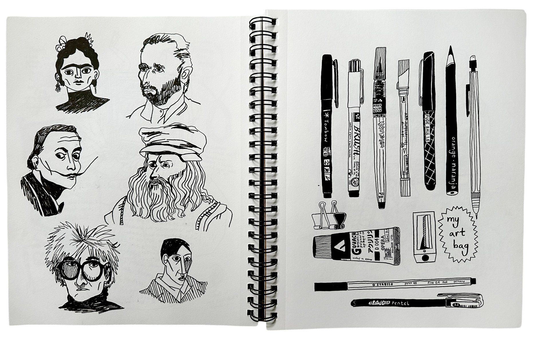Sketchbook spread, tombow fudenosuke pen