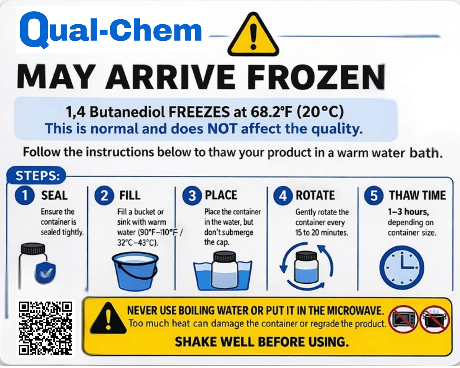 Qual-Chem safety graphic explaining that 1,4-Butanediol (BDO) may arrive frozen, with step-by-step thawing instructions using a warm water bath, including temperature guidelines, handling tips, and warnings not to use boiling water or a microwave.