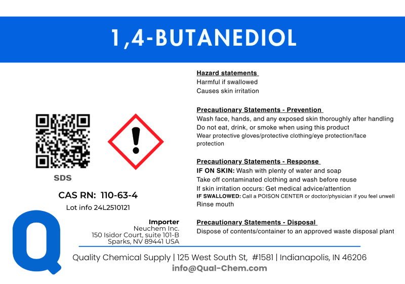 1,4 Butanediol product label by Qual Chem, showcasing details for buying BDO.