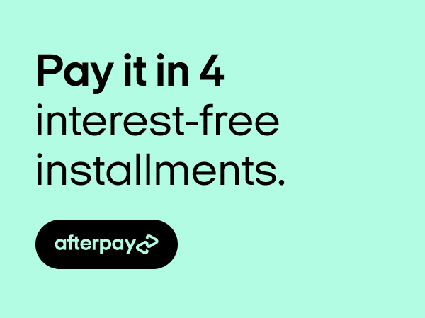 Promotional graphic with text "Pay it in 4 interest-free installments" and Afterpay logo on a mint green background.