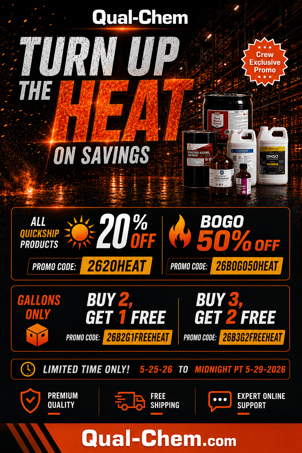 Qual-Chem Crew Exclusive ‘Turn Up the Heat’ summer promotion featuring 20% off Quick Ship products, BOGO 50% off, and gallon-only bulk savings offers through May 29, 2026.