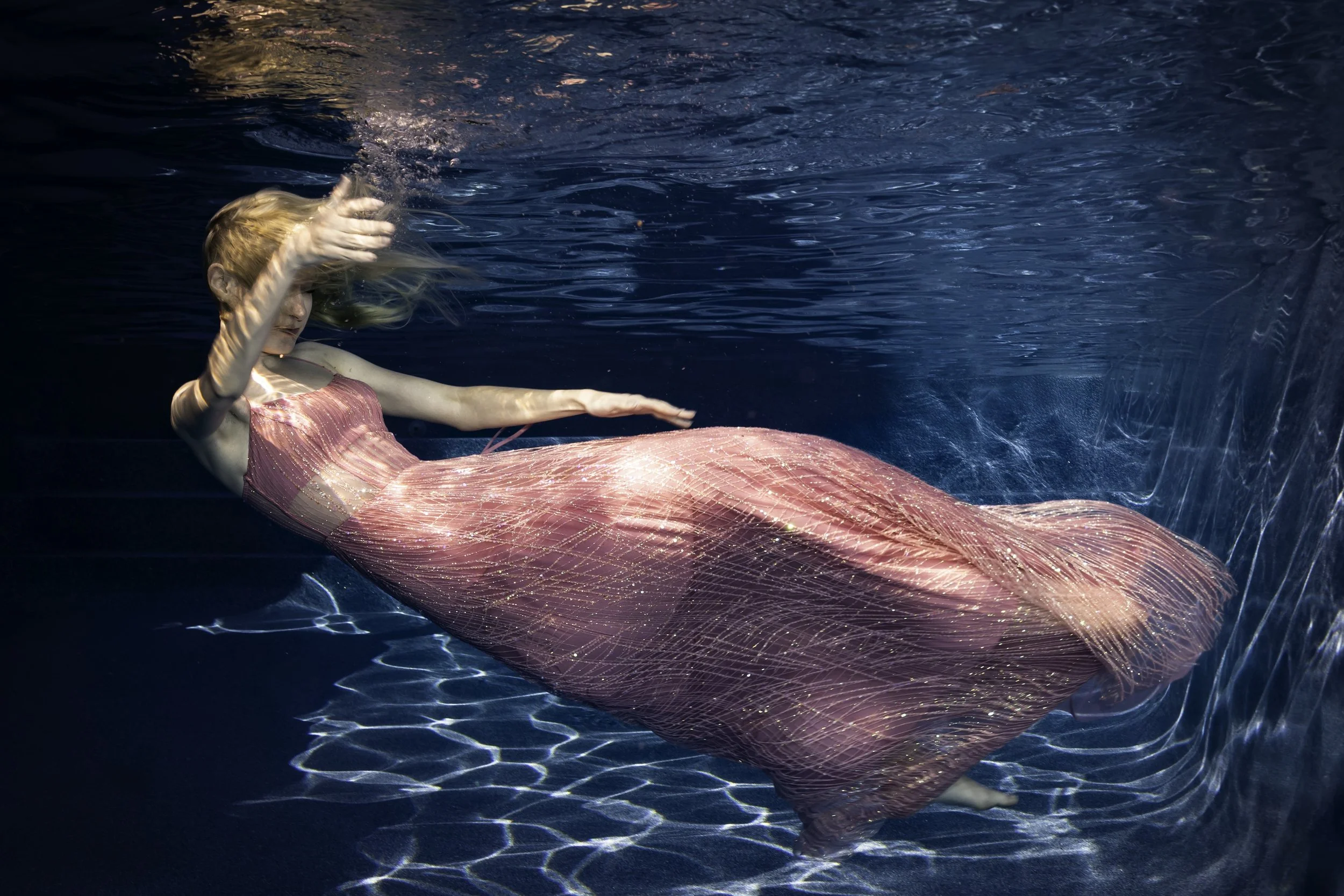 Fine Art Underwater Photography - Flowing Pink Dress Underwater Portrait