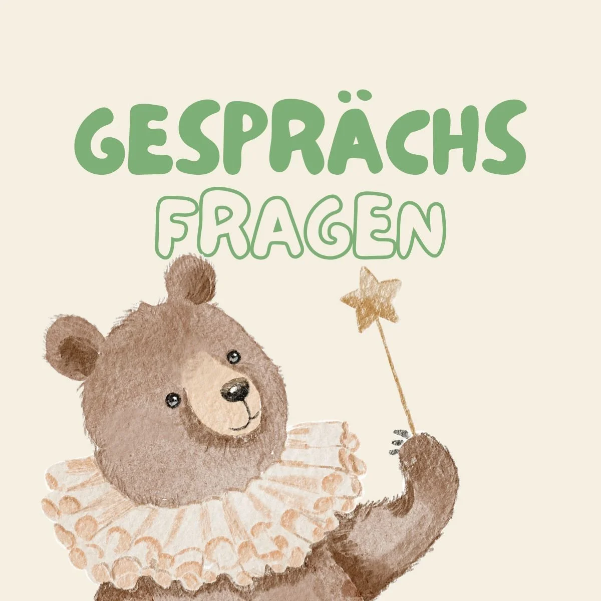Das Bild zeigt einen handgemalten Bären mit einem Stab in der Pfote auf dem ein Stern oben angebracht ist und darüber steht Gesprächsfragen