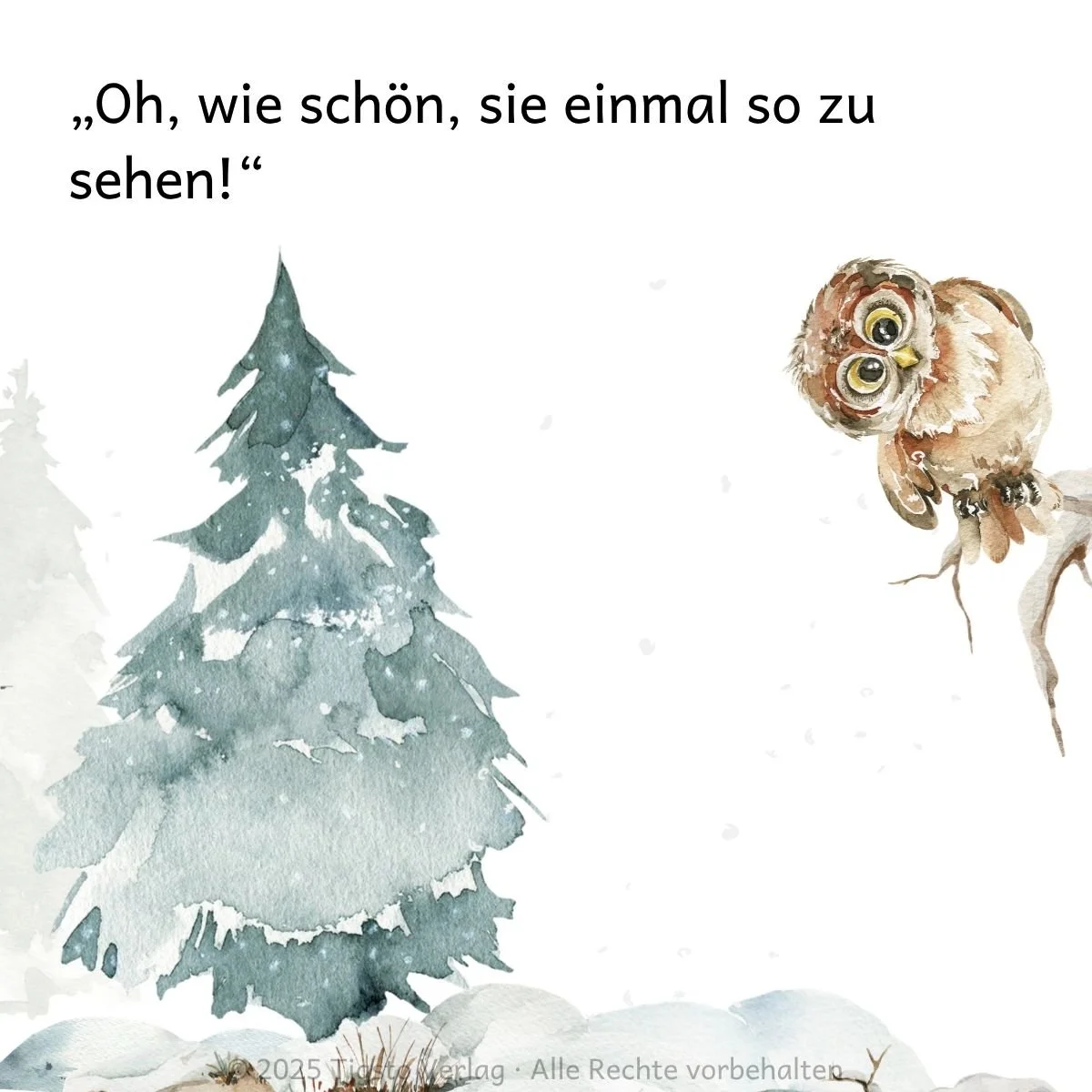 Eule im winterlichen Wald aus der Kindergeschichte „Weihnachten kommt bald“.