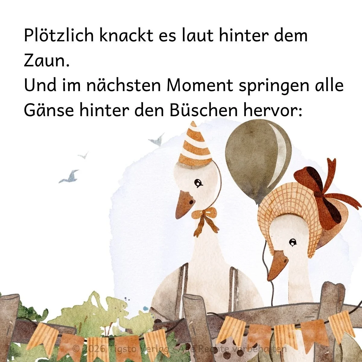 Gans blickt über einen Zaun in der Kindergeschichte „Ein ganz besonderes Fest“.