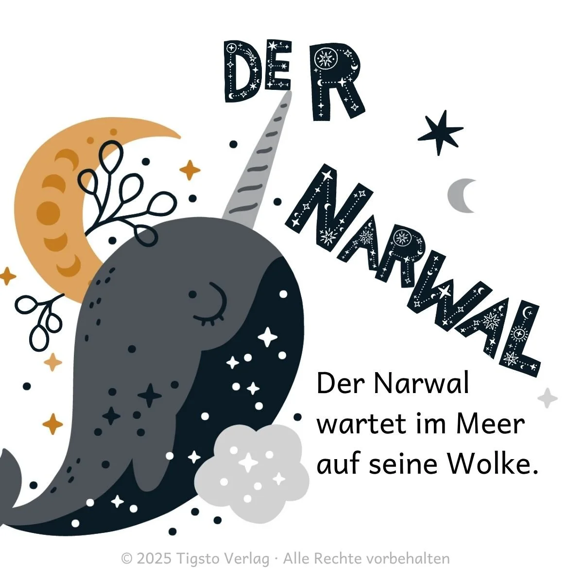 Narwal auf einer Wolke aus der Kindergeschichte „Wir träumen auf Wolken“.