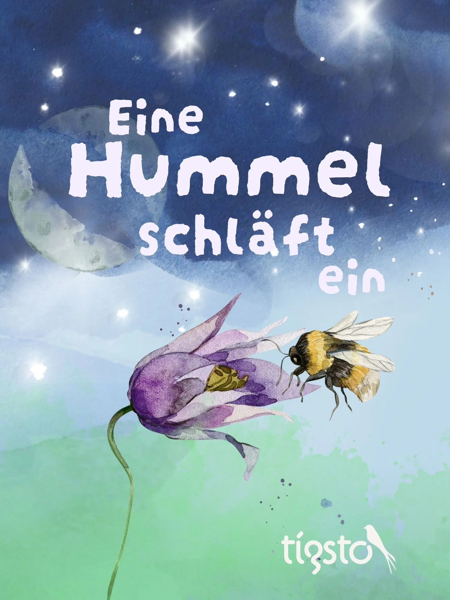 Hummel auf einer lila Blume – digitales Kinderbuch-Cover mit Abendhimmel und Sternen ideal für Lern- und Vorlesegeschichten.