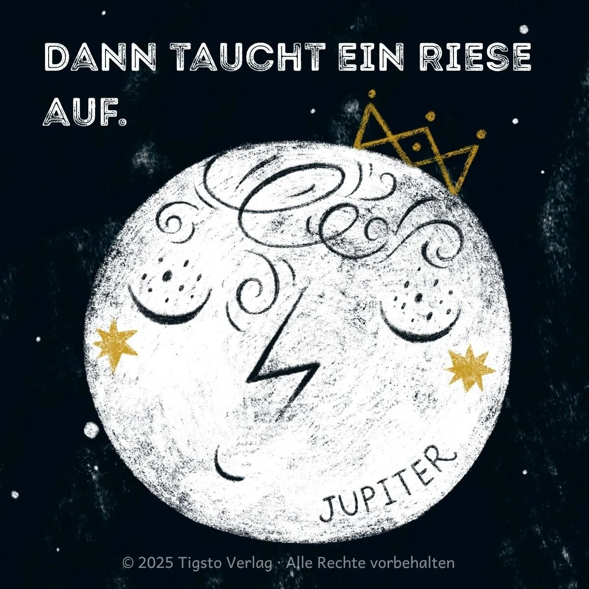 Kindlich dargestellter Jupiter im Weltall aus der Geschichte „Einmal rund ums Weltall“.