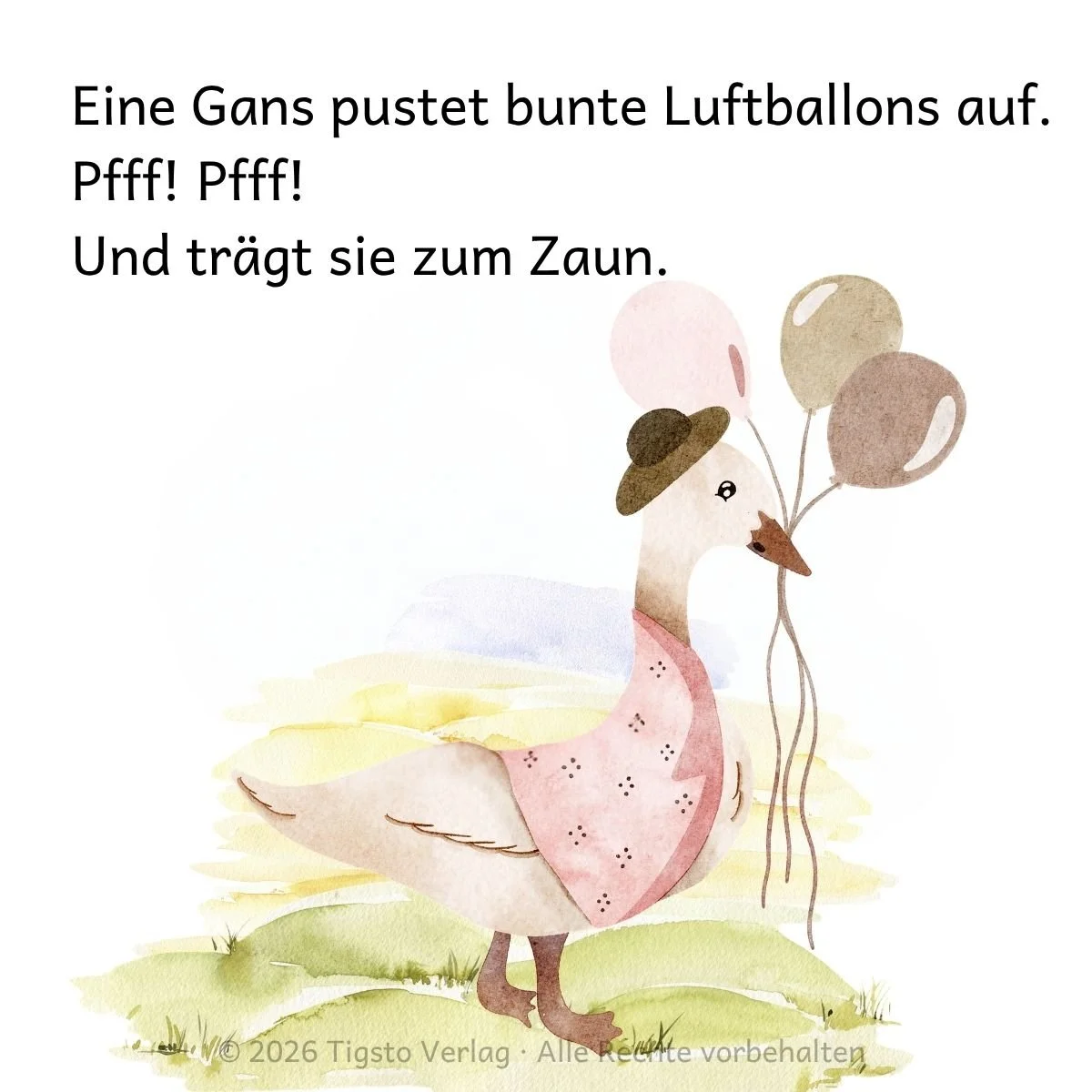Gans mit Luftballons aus der Kindergeschichte „Ein ganz besonderes Fest“.