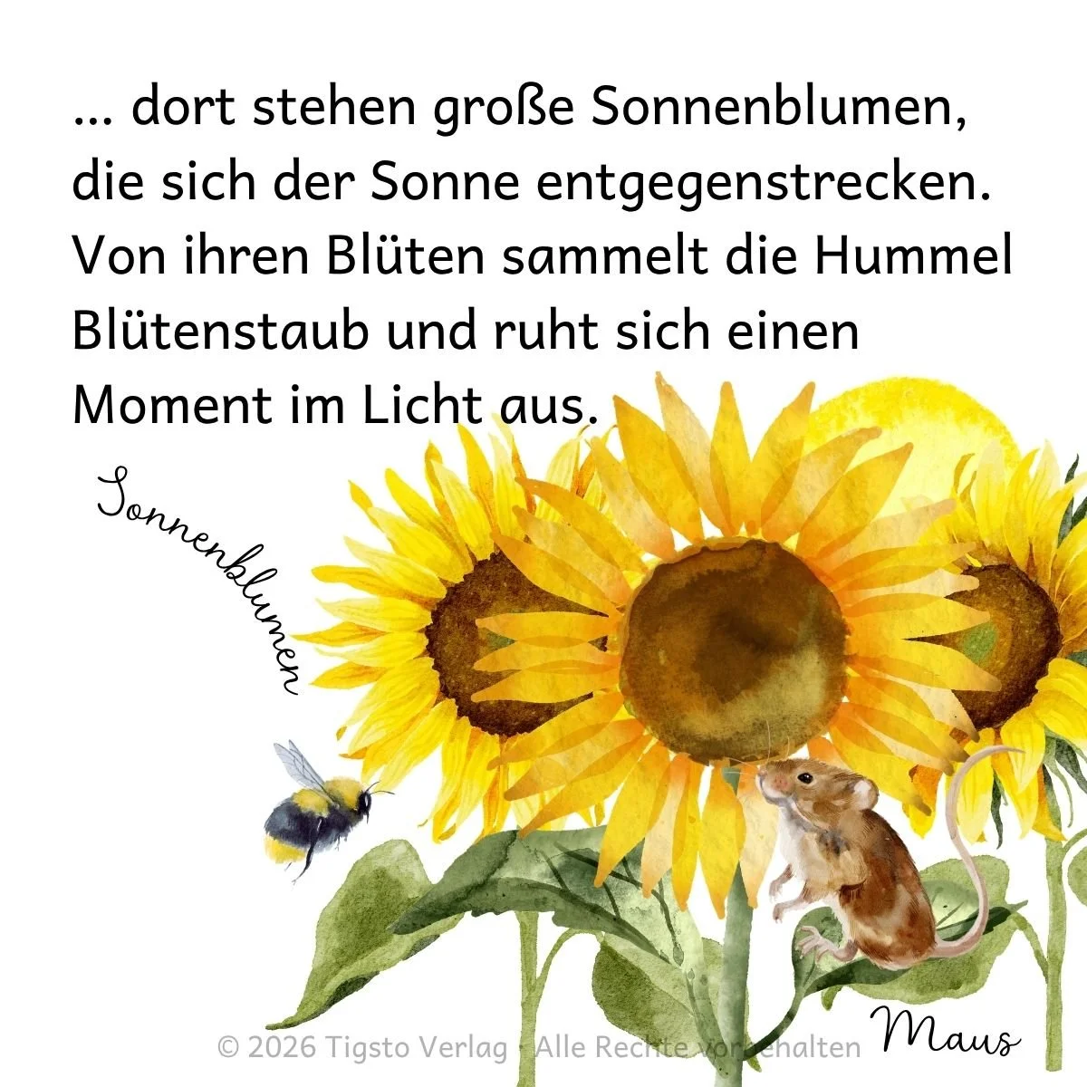 Hummel in einem Feld aus Sonnenblumen aus der Kindergeschichte „Eine Hummel schläft ein“.