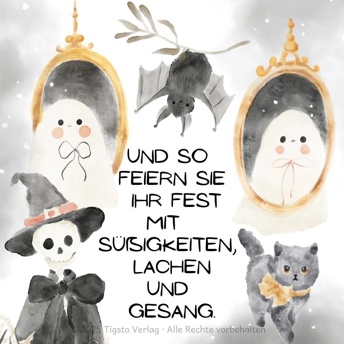 Illustration von Skelett, Geistern und einer schwarzen Katze im blauen Mondschein aus „Halloween im blauen Mondschein“.