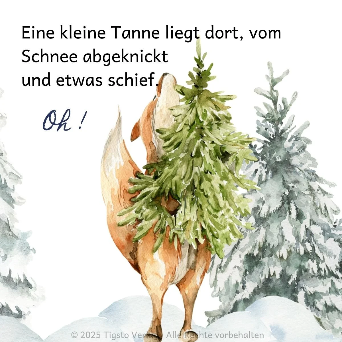 Fuchs trägt eine Tanne in der Kindergeschichte „Weihnachten kommt bald“.