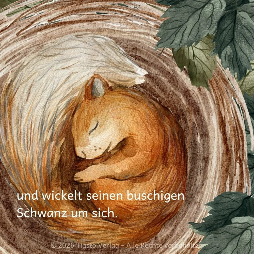 Eichhörnchen schläft im Kobel im Haselnussbaum, eingewickelt in seinen buschigen Schwanz, aus der Einschlafgeschichte für Kinder „Wanderer im Licht der Sterne“.