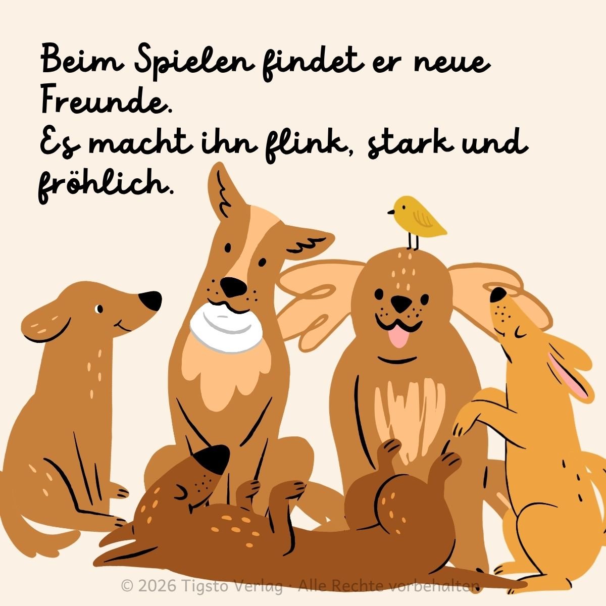 Gruppe verschiedener Hunde aus der Kindergeschichte „Hunde“.