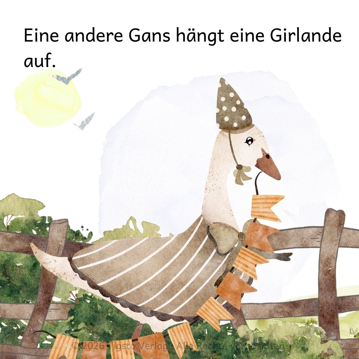 Gans schmückt mit einer Girlande in der Kindergeschichte „Ein ganz besonderes Fest“.