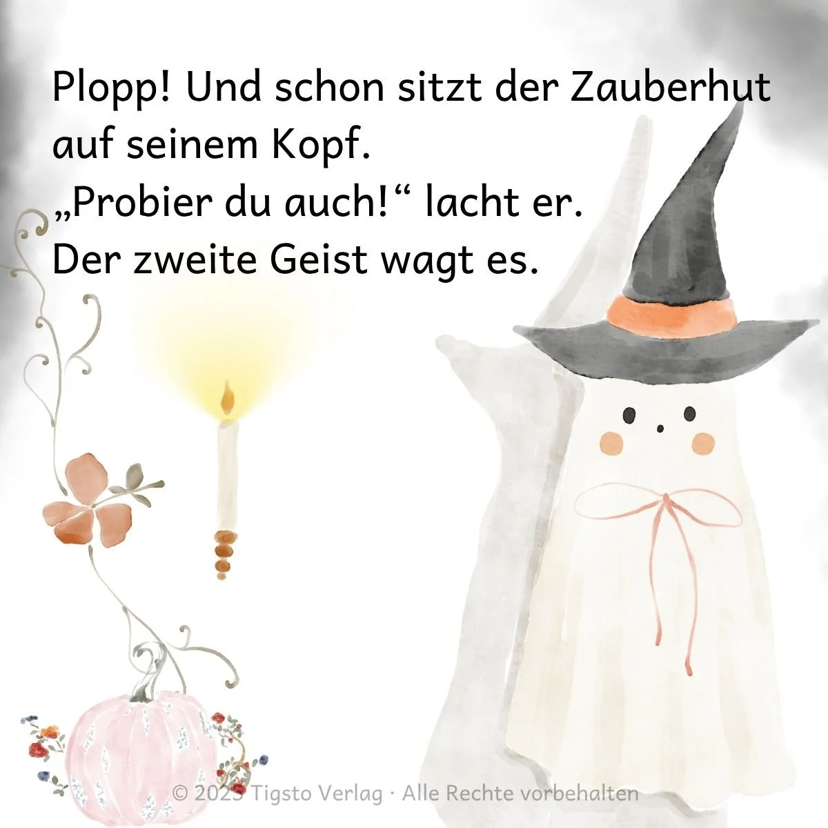 Geist mit Hut, neben einer schwebenden Kerze aus der Kindergeschichte „Halloween im blauen Mondschein“.