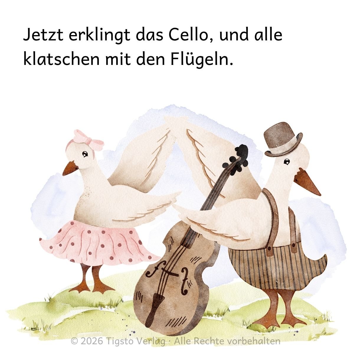 Gans und Gänserich mit einem Cello aus der Kindergeschichte „Ein ganz besonderes Fest“.