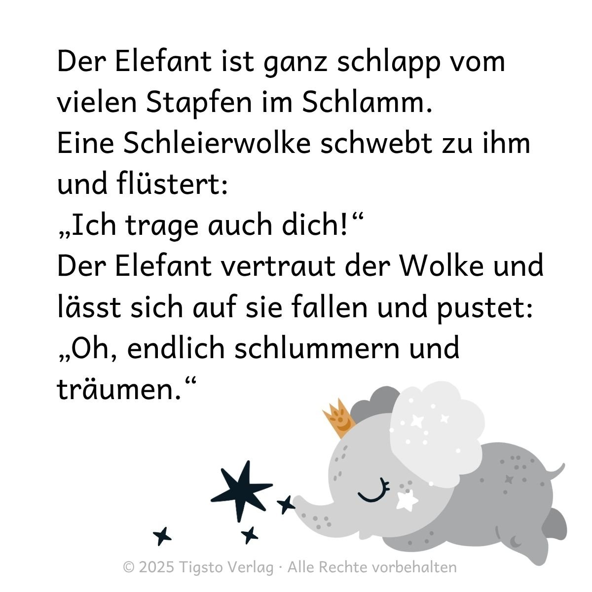 chlafender kleiner Elefant auf einer Wolke in der Kindergeschichte „Wir träumen auf Wolken“.