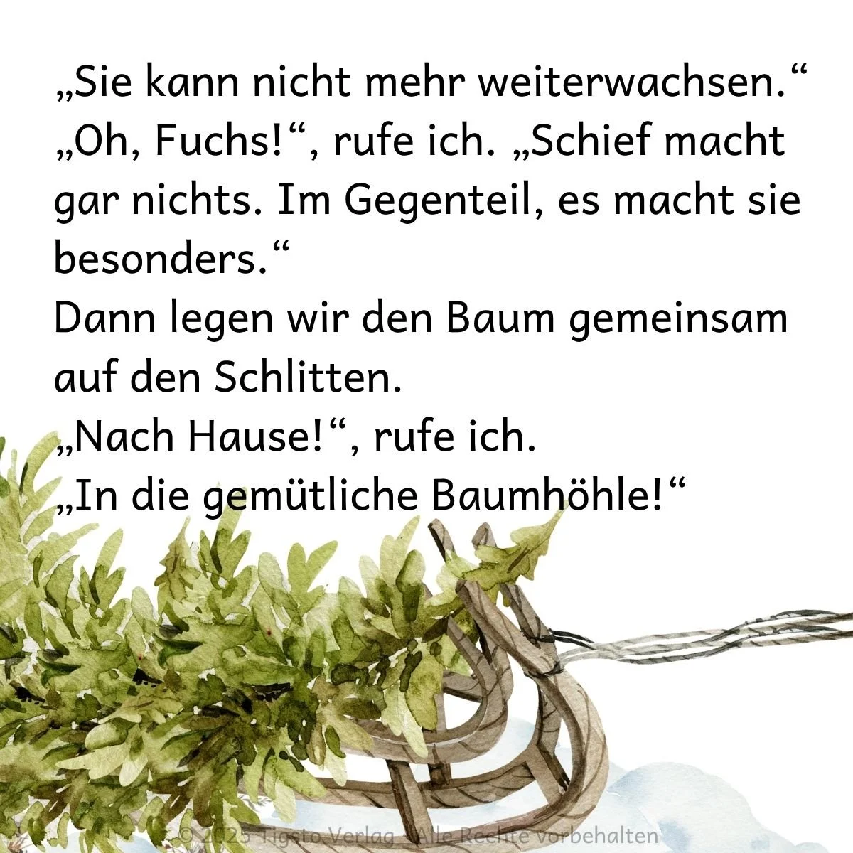 Illustration eines Schlittens mit einer Tanne aus „Weihnachten kommt bald“.