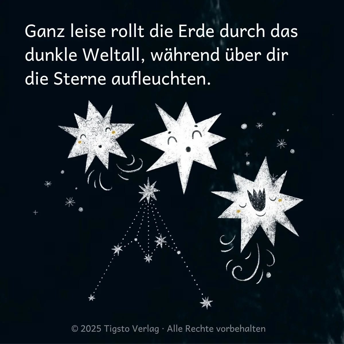 Sterne am Beginn der Kindergeschichte „Einmal rund ums Weltall“ im Weltraum.“