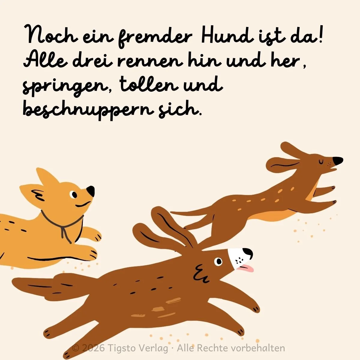 Mehrere Hunde laufen ein Rennen in der Kindergeschichte „Hunde“.
