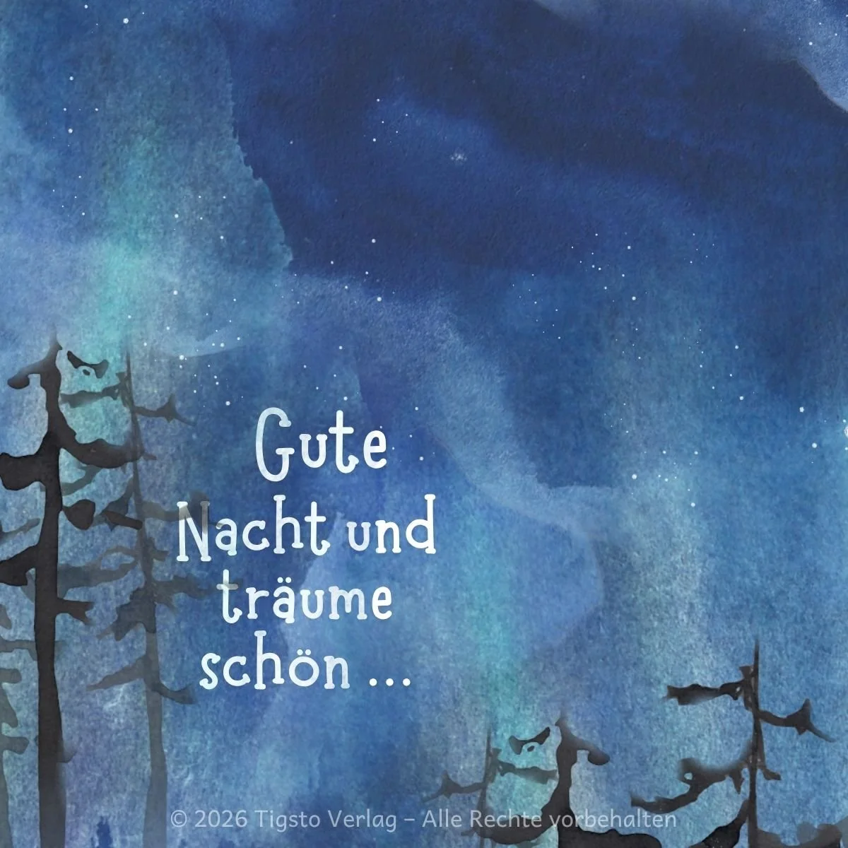 Schlussseite der Einschlafgeschichte für Kinder „Wanderer im Licht der Sterne“ mit dem Gruß „Gute Nacht und träume schön“ vor einer Waldkulisse und einem funkelnden Sternenhimmel.