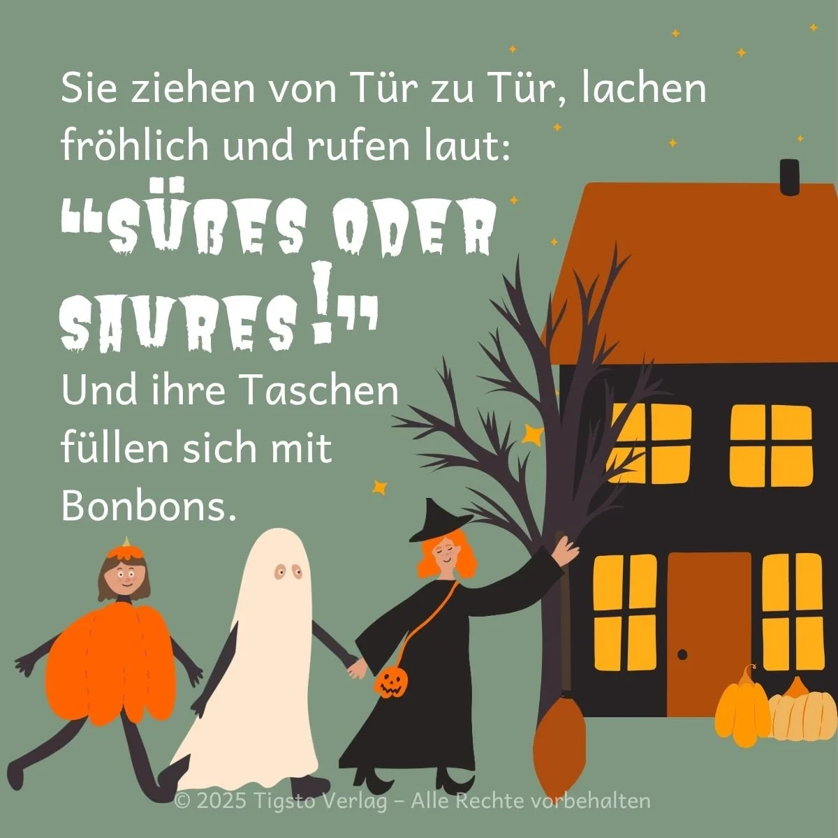 llustration von drei Kindern, die an Halloween an einem Geisterhaus vorbeigehen, aus der Kindergeschichte „Happy Halloween“.
