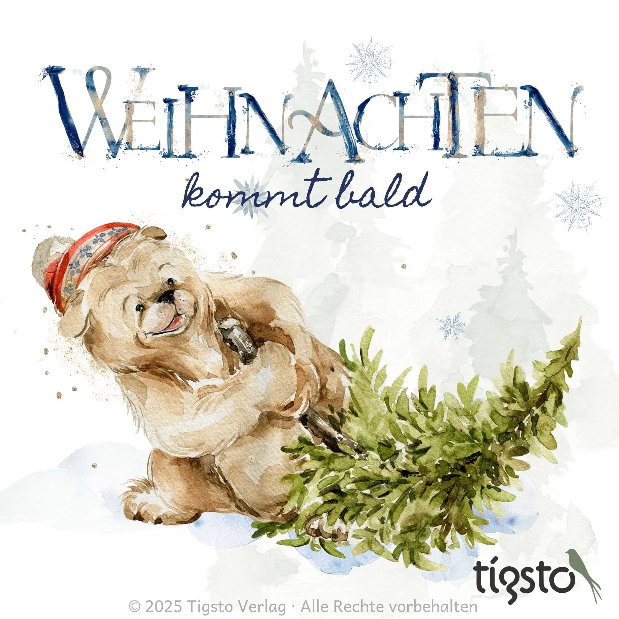 Tigsto – Weihnachten kommt bald, Wintergeschichte für Kinder 3–8 Jahre, Waldbär zieht seinen Weihnachtsbaum über den Schnee, handgemaltes Cover, PDF-Download