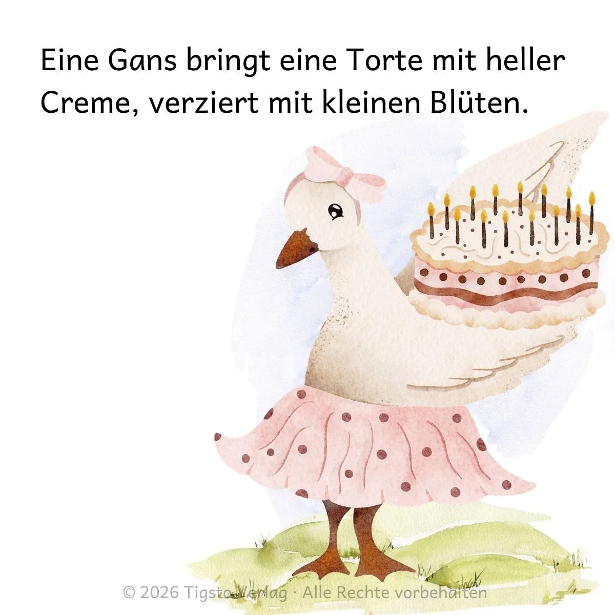 Gans präsentiert eine Torte in der Kindergeschichte „Ein ganz besonderes Fest“.