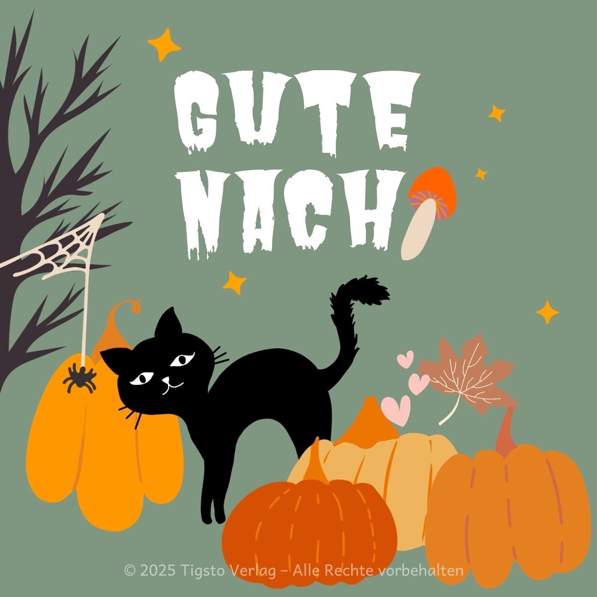 Schlussszene der Kindergeschichte „Happy Halloween“ mit einer schwarzen Katze zwischen Kürbissen.
