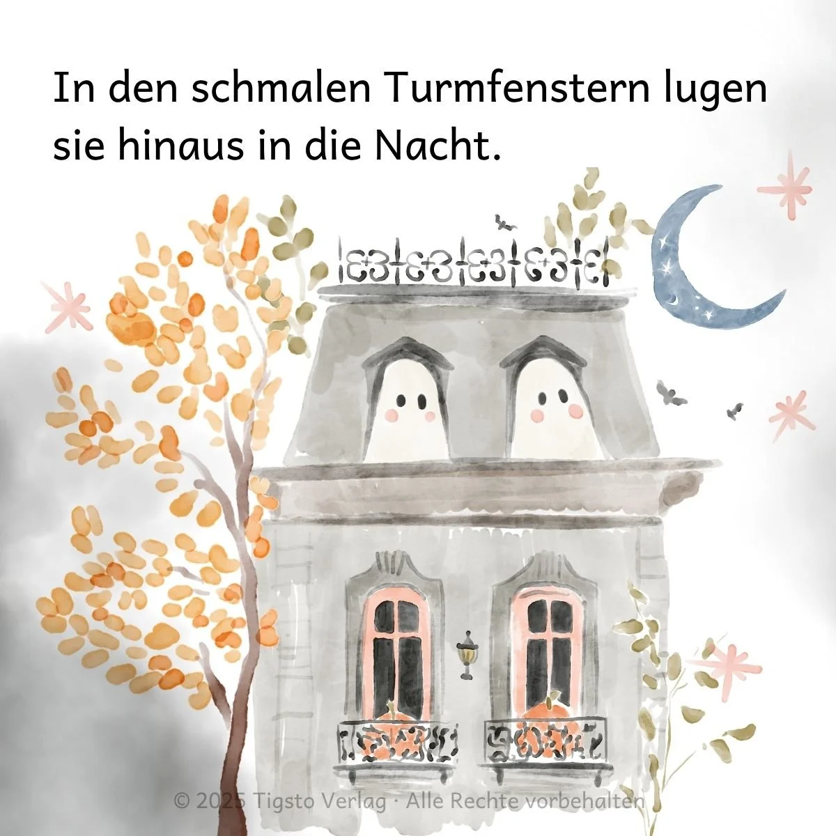 Zwei Geister im Turm im blauen Mondschein aus der Kindergeschichte „Halloween im blauen Mondschein“.