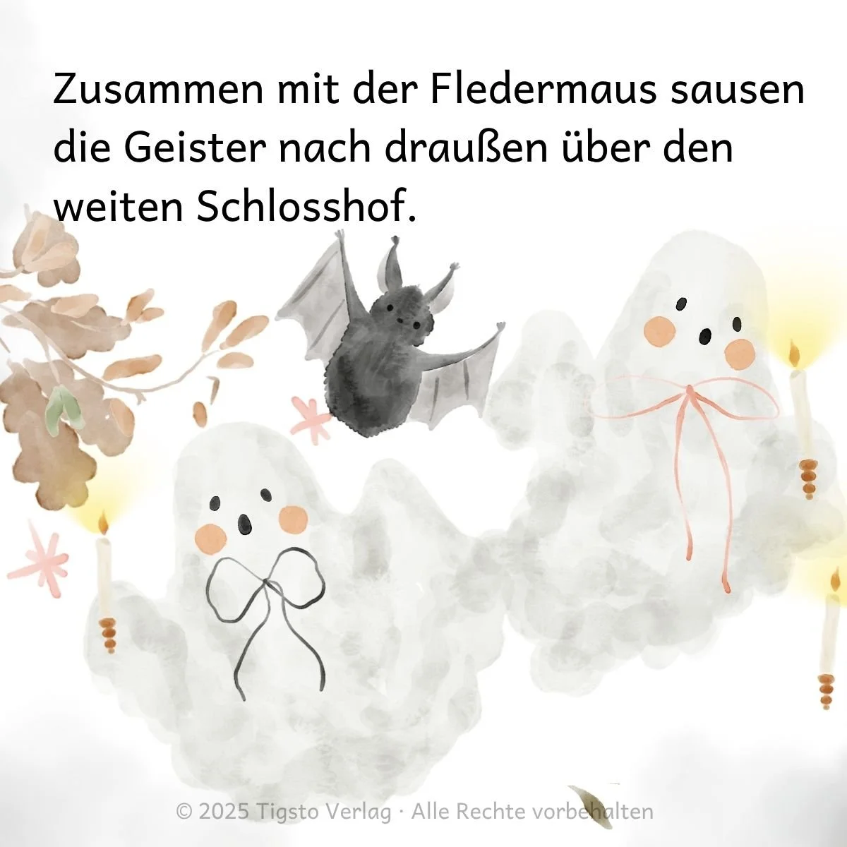 Illustration von Geistern und einer Fledermaus im blauen Mondschein aus „Halloween im blauen Mondschein“.