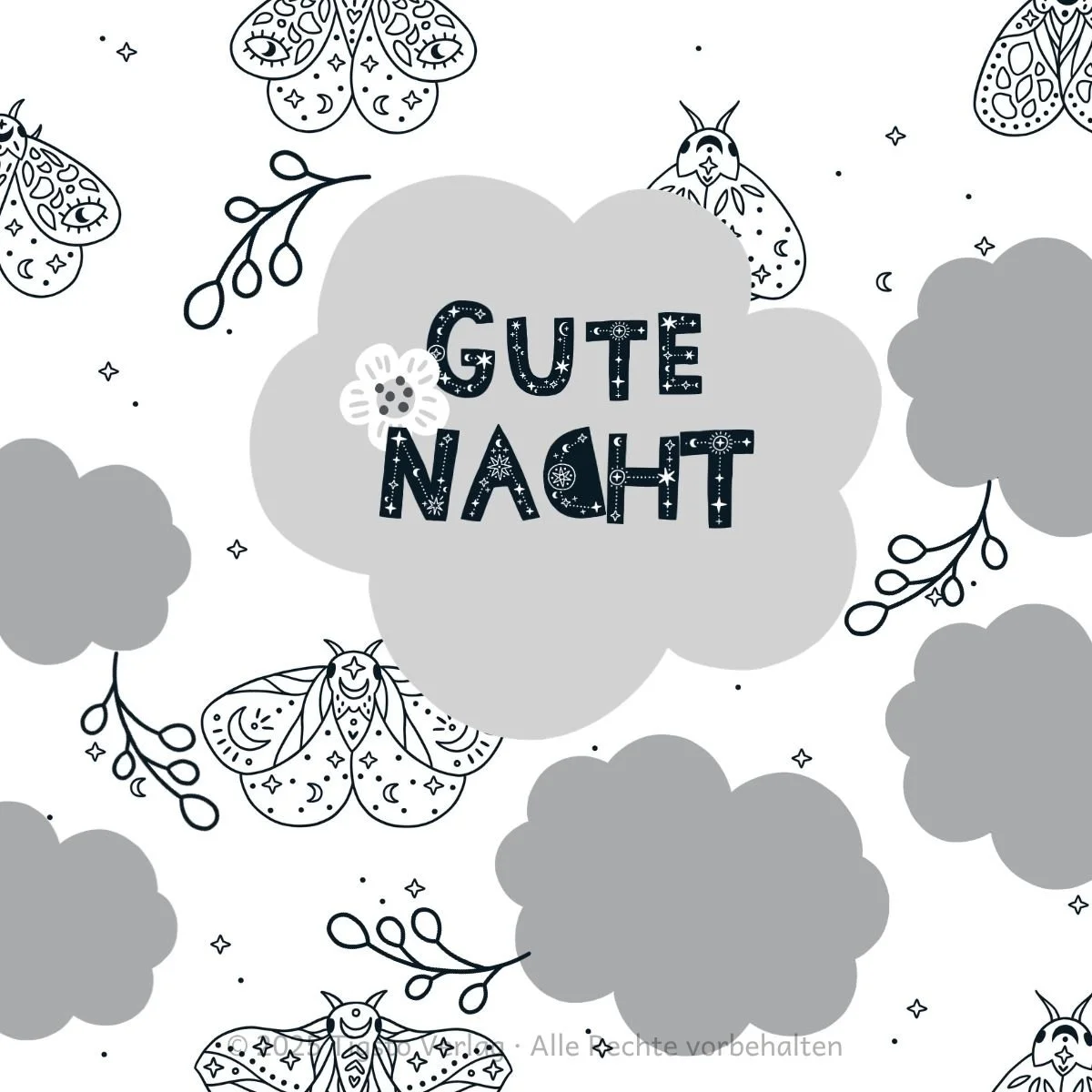 Schlussszene der Kindergeschichte „Wir träumen auf Wolken“ mit Wolken und einer Motte.
